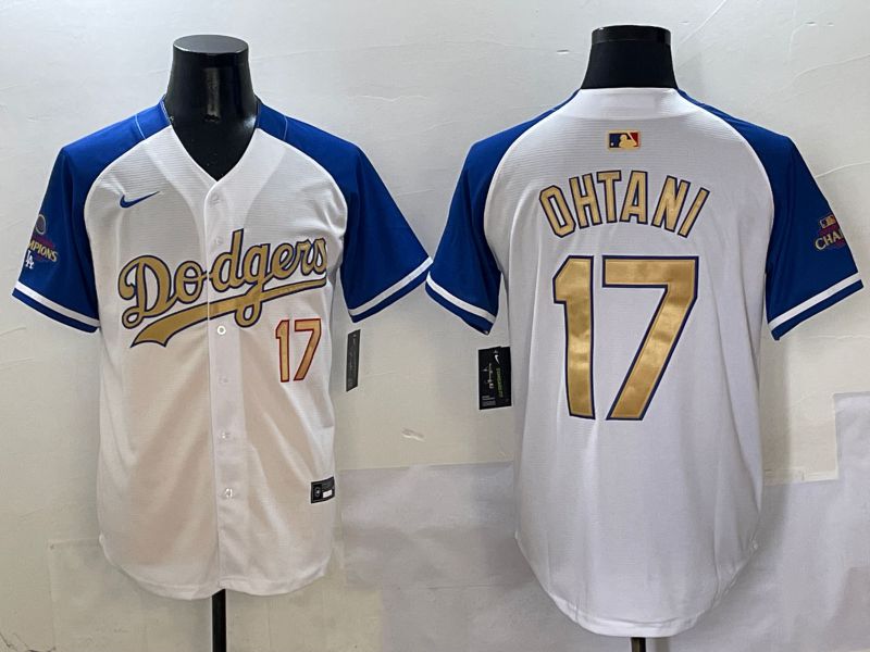 Men Los Angeles Dodgers #17 Ohtani White Blue Gold Game 2025 Nike MLB Jersey style 1